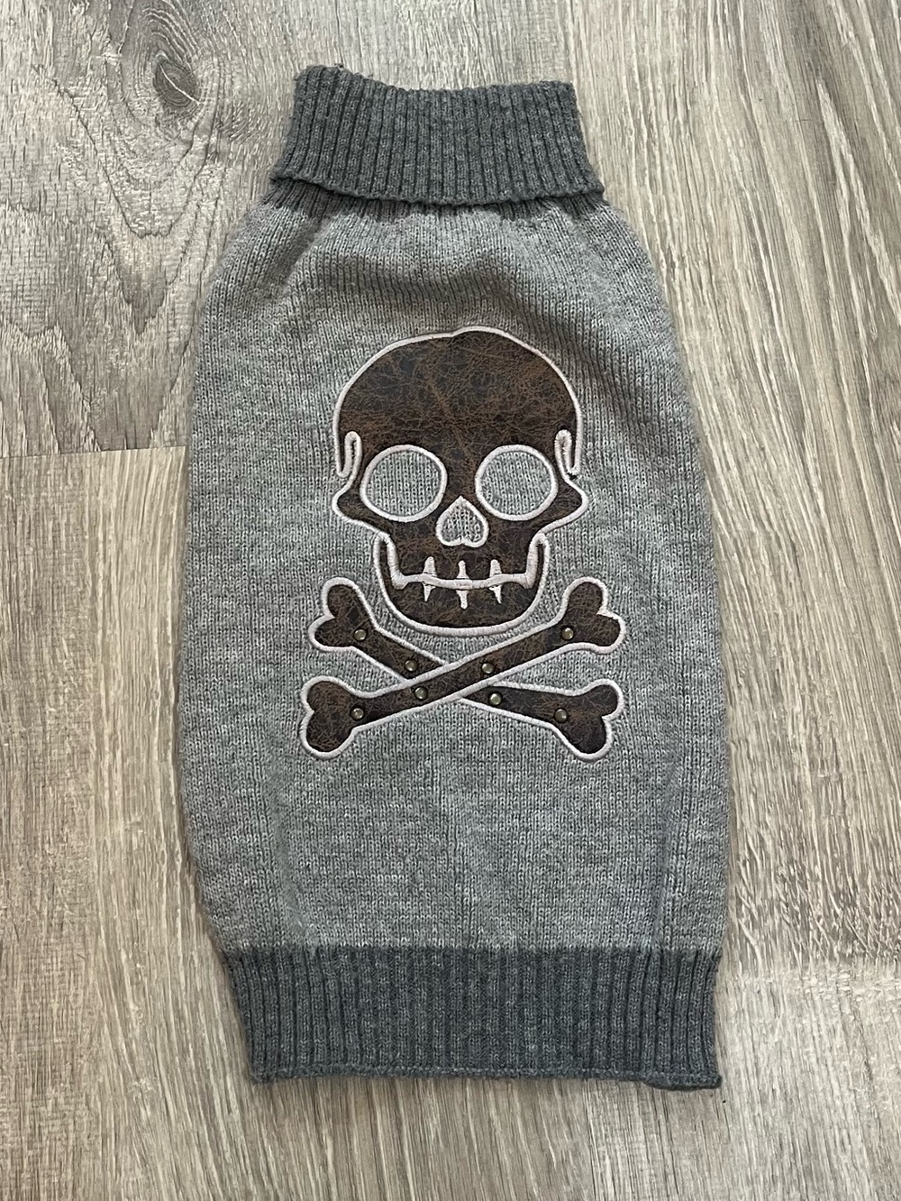 Large Dog Gray Brown Faux Leather Skull Winter Knit Sweater Halloween